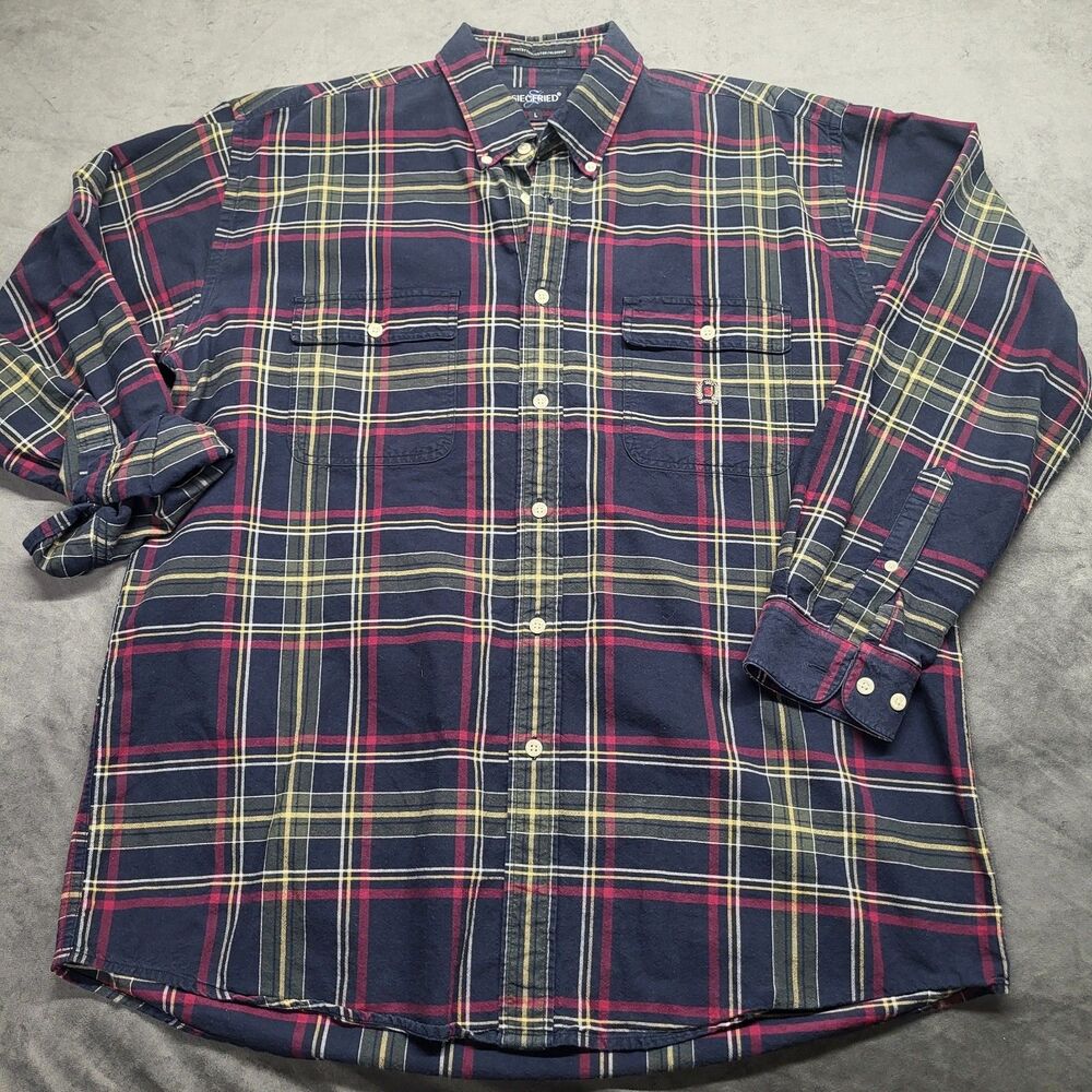 Men's Siegfried Button Down Shirt Long Sleeve Plaid 100% Cotton Size L Navy SOFT
